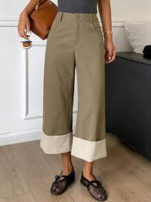 Livesso Women's Patchwork Folded Hem Long Pants Summer Office Khaki Casual - Green - View 4