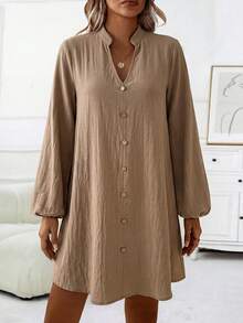 SHEIN Women's Solid Color V-Neck Lantern Sleeve Button Design Casual Dress Teachers' Day Picnic Khaki Autumn - Khaki - View 6