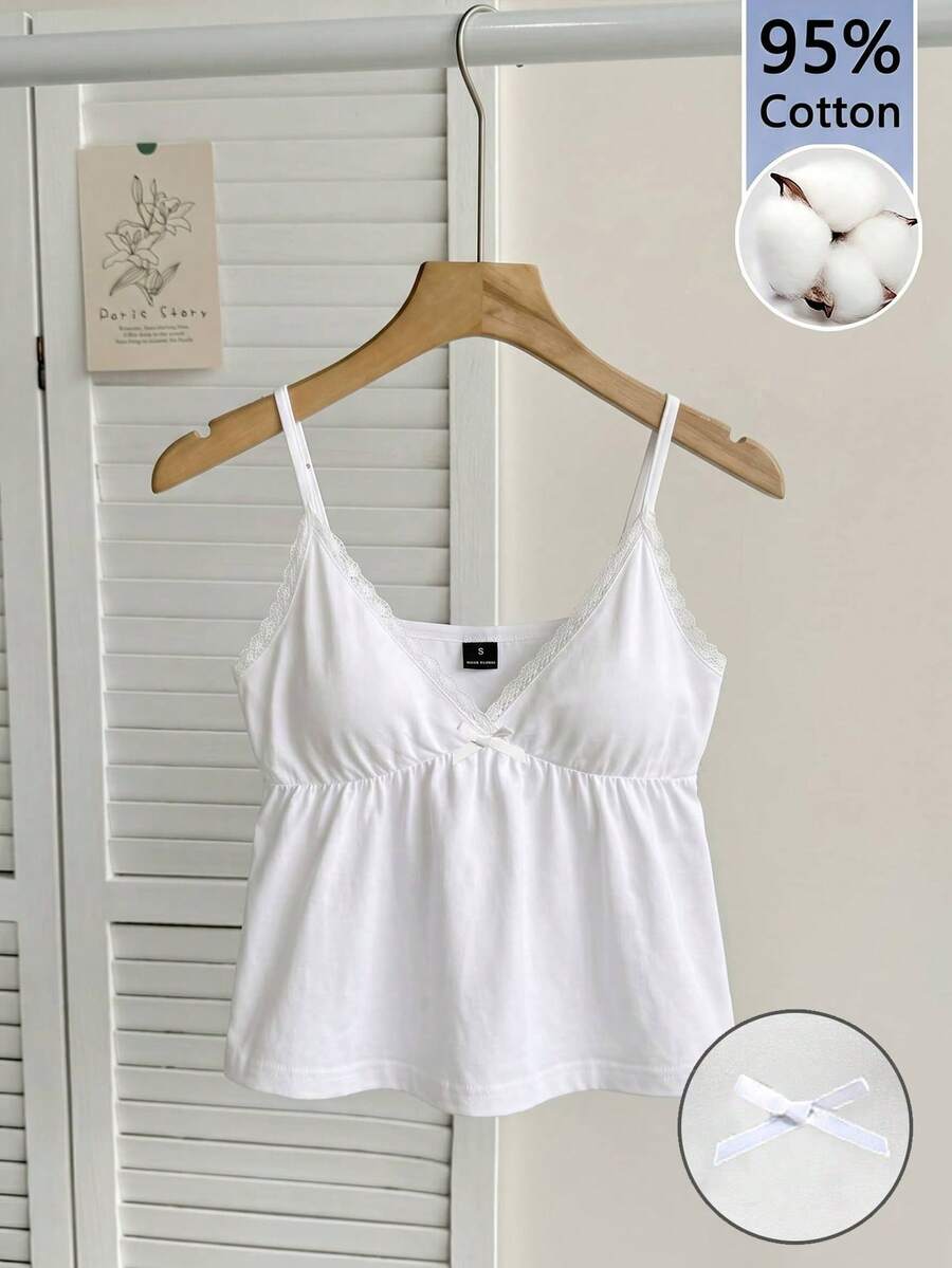 Tseoso Camiseta de mujer con encaje de contraste y lazo bordado, adecuada para salidas, el hogar y vacaciones en la playa - Blanco - Ver 1