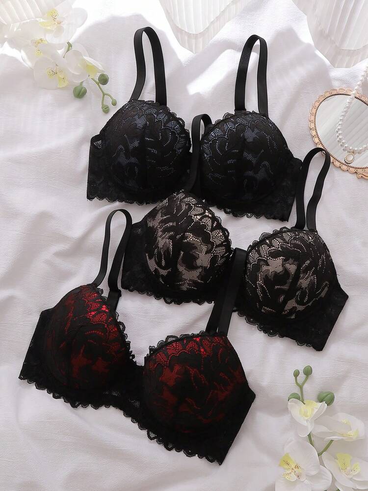 SHEIN 3件套性感蕾丝拼接女士内衣套装 - 彩色 - 查看 2