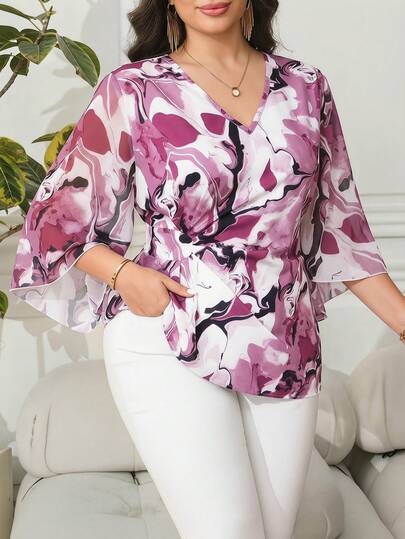 Reflora Blusa de manga acampanada con pliegues y estampado todo sobre en talla grande, de verano