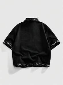 ROMWE MEN Street Life Men's Loose Fit Denim Jacket With Pearl Decor - Black - View 3