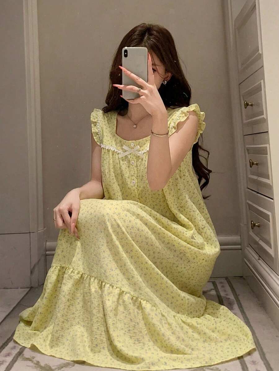 DAZY 甜美花卉蕾丝拼接无袖宽松长连衣裙,女士夏季休闲连衣裙及家居服 - 黃色 - 查看 1