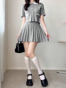 DAZY Women's Contrast Color Round Neck Short Sleeve Button Front Twist Knit Sweater 2 Pieces Set - Grey - View 7