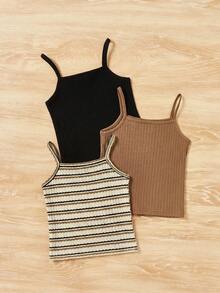 SHEIN Set de 3 piezas de camisetas de tirantes de punto con bloques de color y rayas + unicolor para niña joven - Multicolor - Ver 2