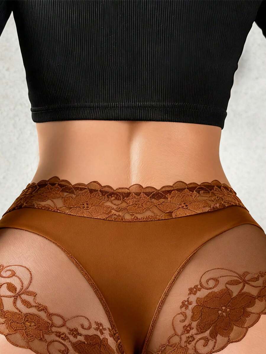 Esselle 1件装女士花卉蕾丝拼接舒适比基尼内裤 - 咖啡棕 - 查看 1