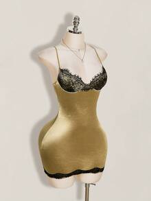 SHEIN ICON 女款對比蕾絲貼身金色性感細肩帶迷你洋裝 - 金色 - 查看 6