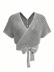 Balvessa Striped V-Neck Criss-Cross Wrap Tie Bow Knit Cropped Cardigan - Multicolor - View 3