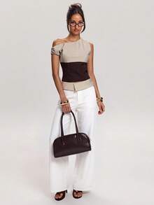 SHEIN BAE Quần ống rộng kẻ sọc phối eo dành cho nữ - trắng - Xem 3