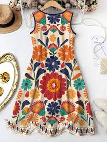 EMERY ROSE Colorful Boho Floral Printed Sleeveless Round Neck Knee-Length Women's Vacation Dress A-Line Dress,Casual Geometric Print Tank Dress Summer Women Outfit Sundress Beach Women Outfit - Multicolor - View 2