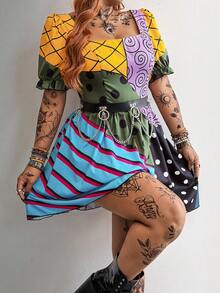 Whyspr Plus Size Punk Patchwork Printed Short Sleeve Dress, Spring/Summer - Multicolor - View 4
