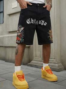 ROMWE MEN Men's Casual Eagle & Letter Embroidered Denim Shorts, Summer - Black - View 1