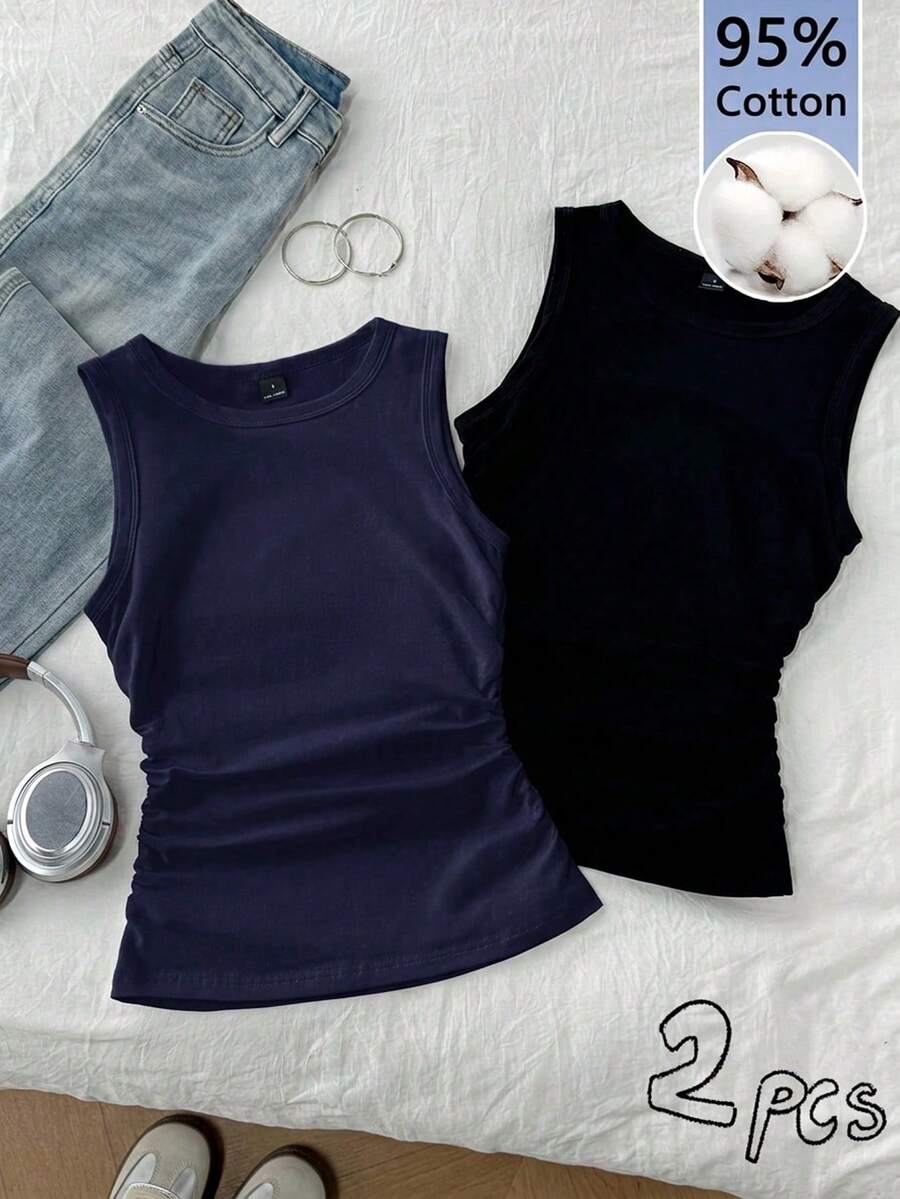 Tseoso 2pcs/Set Women Casual Minimalist Round Neck Tight Fitting Camisole, Suitable For Summer - Multicolor - View 1