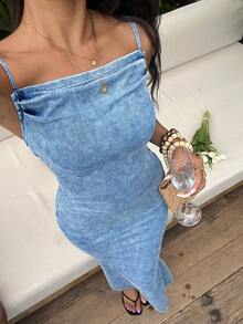SHEIN 女士褶皱修身鱼尾下摆牛仔吊带裙 - 淺色水洗藍 - 查看 6