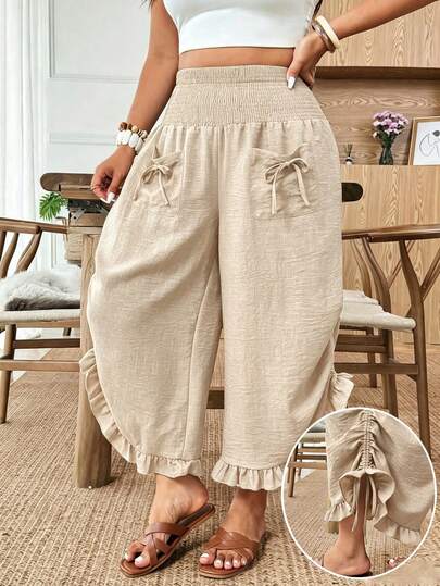 Weeklong Plus Size Women's Solid Color Drawstring Waist Pocket Tie Leg Pants With Bow Tie, Elegant And Comfortable Versatile Casual Wear For Spring/Summer