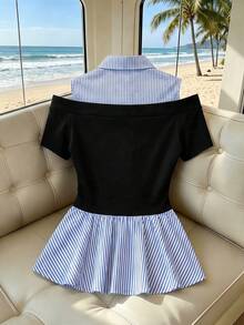 SHEIN French 2-In-1 Black And White Stripe Cold Shoulder T-Shirt - Summer Contrast Waist-Cinched Slim Ruffle Hem Short Sleeve Top Travel Casual - Navy Blue - View 2