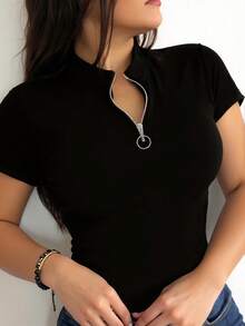 INAWLY Women's Solid Color Zip Design Short Sleeve Fitted Casual T-Shirt - Black and White - View 3