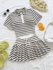 Soleia Bộ đồ nữ thường ngày gồm áo polo tay ngắn kẻ sọc và chân váy ngắn (2 món) - Nhiều màu - Xem 3