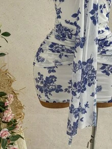 Soleia 女士度假休闲性感V领系带露背蝴蝶结褶皱迷你连衣裙，适合春夏季海滩、邮轮、度假等场合 - 藍白色 - 查看 7