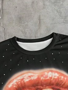AXEPEAK Men's Round Neck Lip Print Casual Versatile Daily Wear Short Sleeve T-Shirt - Black - View 7