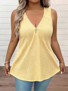 EMERY ROSE Plus Size Women Zipper Half Placket Embroidered Fashionable Versatile Vest - Apricot - View 3