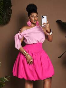 Maweii Romantisches Midi-Kleid mit asymmetrischer Schulter, Blumenmuster und Dopamin-Einfluss, Große Größen - Pink - Übersicht 1