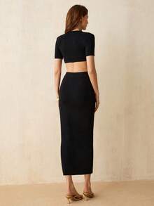 CielaLinda Vestido midi de punto con abertura y decoración, de manga corta para mujer - Negro - Ver 2