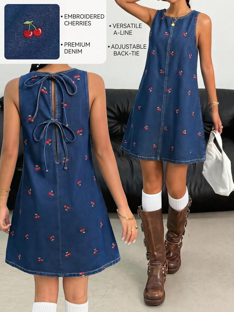 SHEIN 少女樱桃刺绣深蓝色牛仔无袖迷你连衣裙 - 藍色 - 查看 1