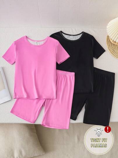 Bộ đồ ngủ đơn giản, màu trơn, ôm sát dành cho bé gái tuổi teen, quần short tay ngắn cổ tròn màu trơn, đồ mặc nhà thoải mái kiểu dáng đơn giản cho bé gái.
