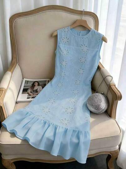GlowEve Đầm sơ mi nữ thanh lịch, lãng mạn, cổ tròn, không tay, chất liệu chiffon, xếp ly, dáng chữ A, thêu họa tiết, màu trắng, thích hợp cho kỳ nghỉ.