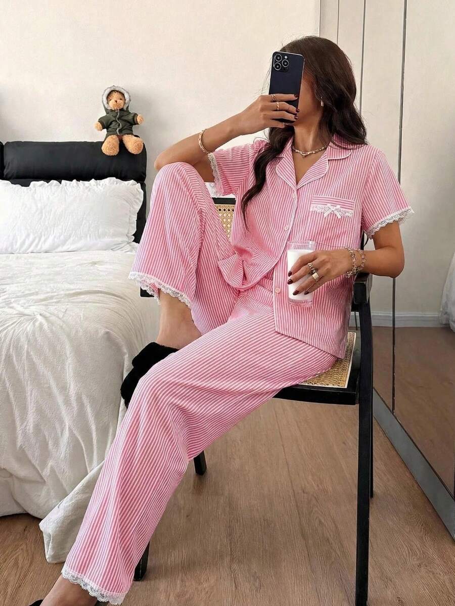 Napfluff Bubble Crinkle Striped Ruffle Front Women Pajama Set - Pink - View 1
