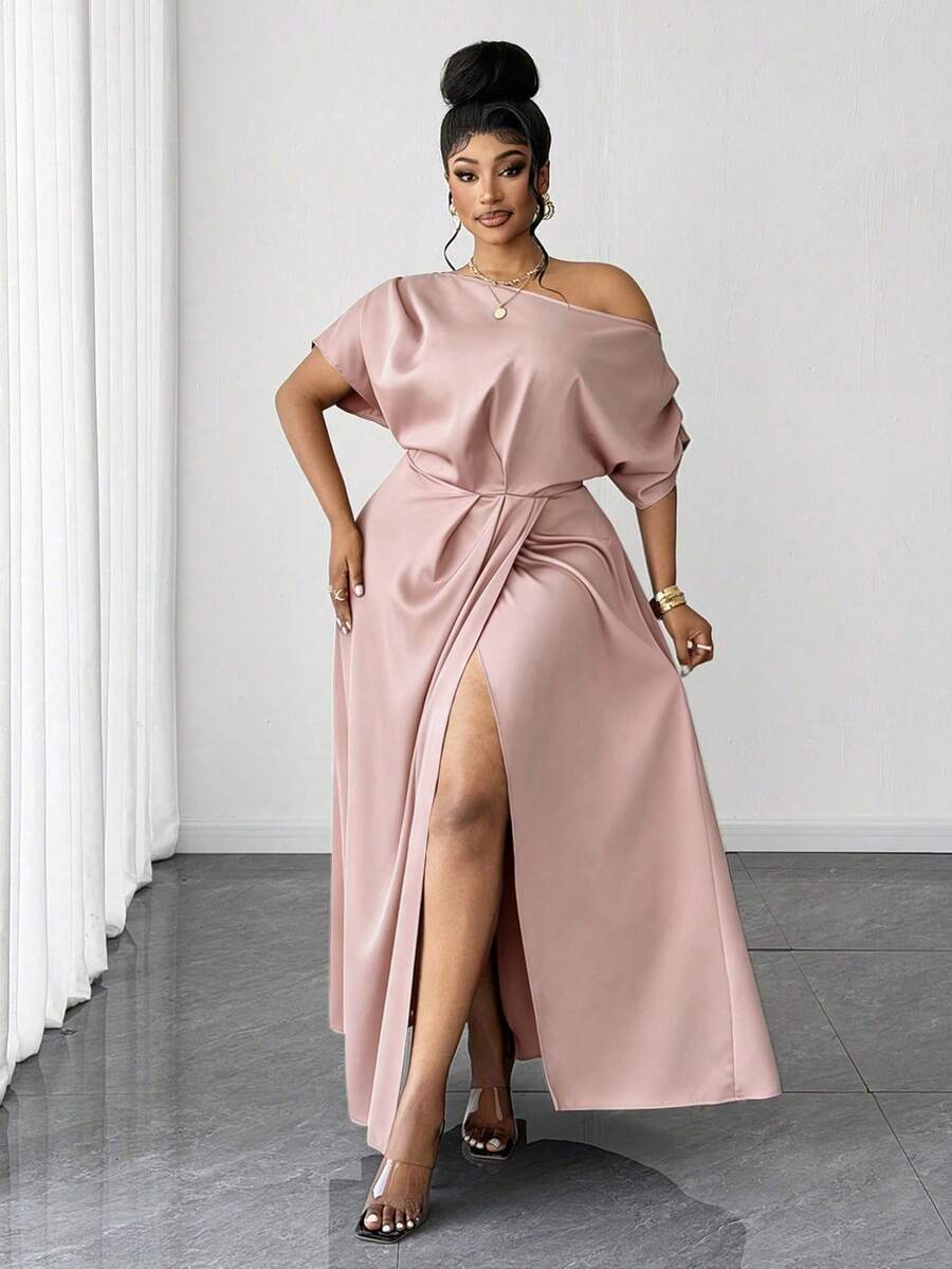 Maweii Plus Size Elegant High-End Asymmetric Shoulder Split Dress - Pink - View 1