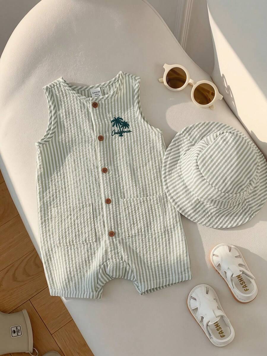 SHEIN Bộ 2 món gồm mũ và áo liền quần không tay kẻ sọc và caro dễ thương cho bé sơ sinh trai/gái mùa hè. - Nhiều màu - Xem 1