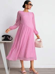 MaterniWear 孕妇休闲纯色纹理灯笼袖连衣裙 - 藍色 - 查看 5