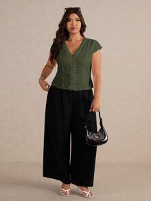 Elaquor Plus Size Solid V-Neck Cap Sleeve Lace Patchwork Casual Short Shirt For Summer - Army Green - View 5