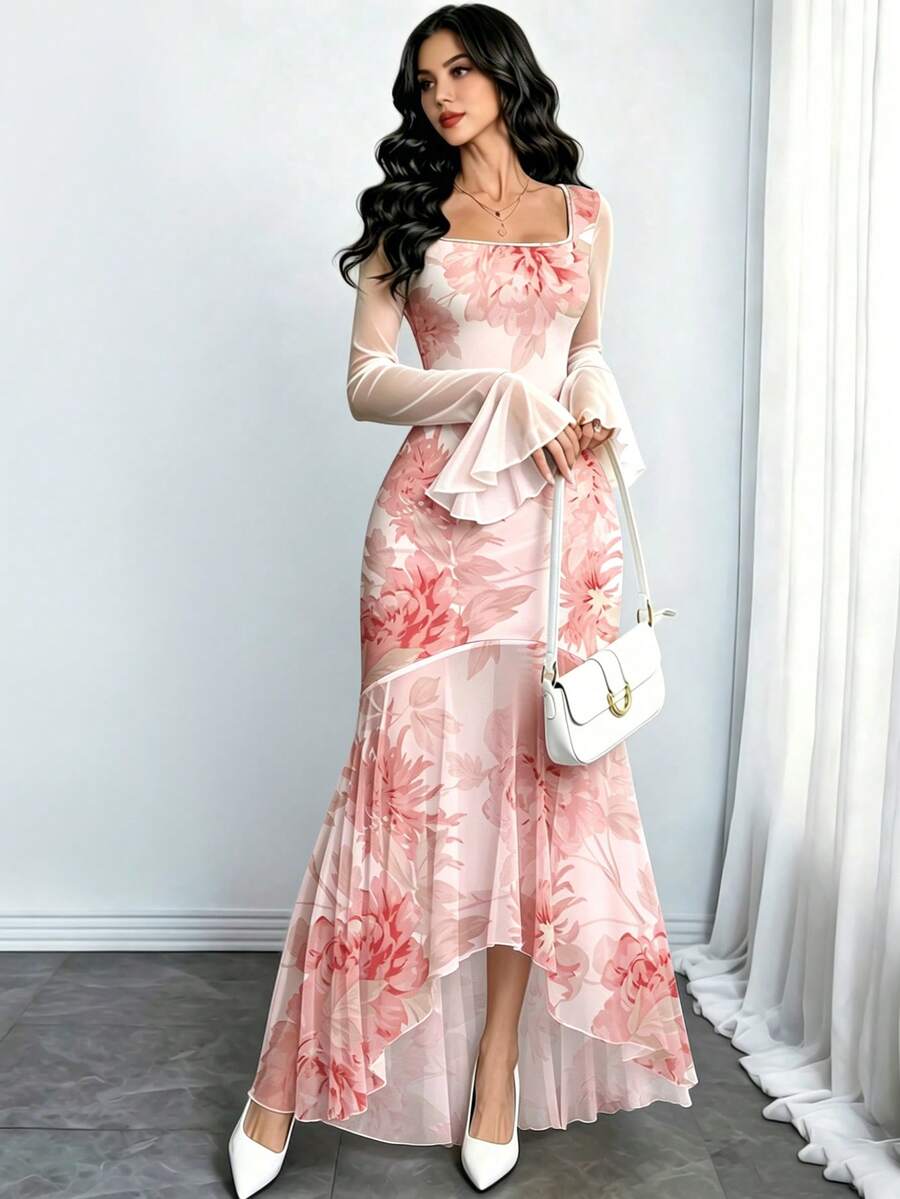 Modelyn 复古扎染印花优雅法式连衣裙,女士时尚方领喇叭袖修身长款连衣裙,不对称荷叶边下摆,夏季度假网纱连衣裙 - 彩色 - 查看 1