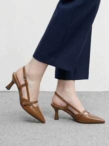 CUCCOO BIZCHIC Giày Slingback đi làm đa năng, mũi nhọn da bóng gót mảnh cổ thấp cho nữ - màu nâu - Xem 3