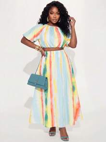 Poshavie Poshavie Ensemble 2 pièces grande taille pour femme, top court bleu clair à manches bouffantes et jupe longue taille haute, style bohème décontracté élégant, pour vacances et tenue quotidienne - Jaune citron - Voir 5