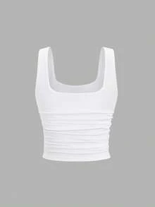 SHEIN Unity 女式夏季纯色方领休闲修身背心 - 白色 - 查看 2