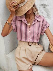 SHEIN Frenchy Áo sơ mi nữ kẻ sọc cài cúc kiểu dáng thường ngày, áo kiểu kẻ sọc, trang phục mùa hè cho nữ. - Nhiều màu - Xem 5