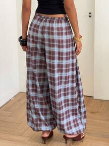 Aloruh Back To School Season Low Waist Tie Lantern Pants, Brown Checkered Plaid Casual Outerwear Back-To-School Graduation Summer - Multicolor - View 4
