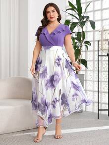 Reflora 大码女士优雅印花连衣裙，夏季婚礼宾客礼服 - 彩色 - 查看 7