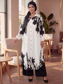 Auveirra Plus Size Women's Spring/Autumn Casual Vacation Style Floral Print Lantern Sleeve Curved Hem Extra Long Shirt And Wide Leg Loose Pants 2 Elegant - Multicolor - View 3