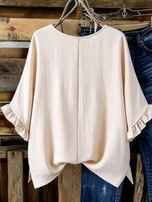 SHEIN Plus Size Summer Minimalist Solid Color Ruffle Collar Blouse - Apricot - View 2