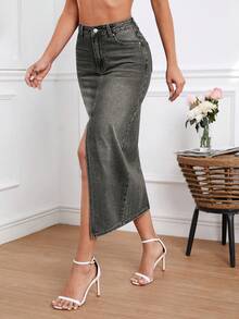 SHEIN Essnce 女士休闲水洗不对称口袋开衩牛仔裙 - 黑色 - 查看 5
