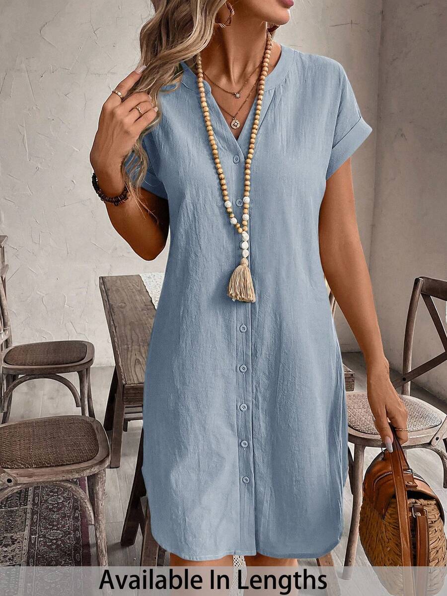 SHEIN Tall CURVE Plus Size Solid Color Notched Neck Short Sleeve Rolled Hem Button Front Summer Dress - Baby Blue - View 1