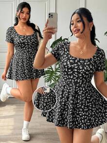SHEIN EZwear 大码女式休闲碎花圆领短袖连体裤，夏季 - 彩色 - 查看 5