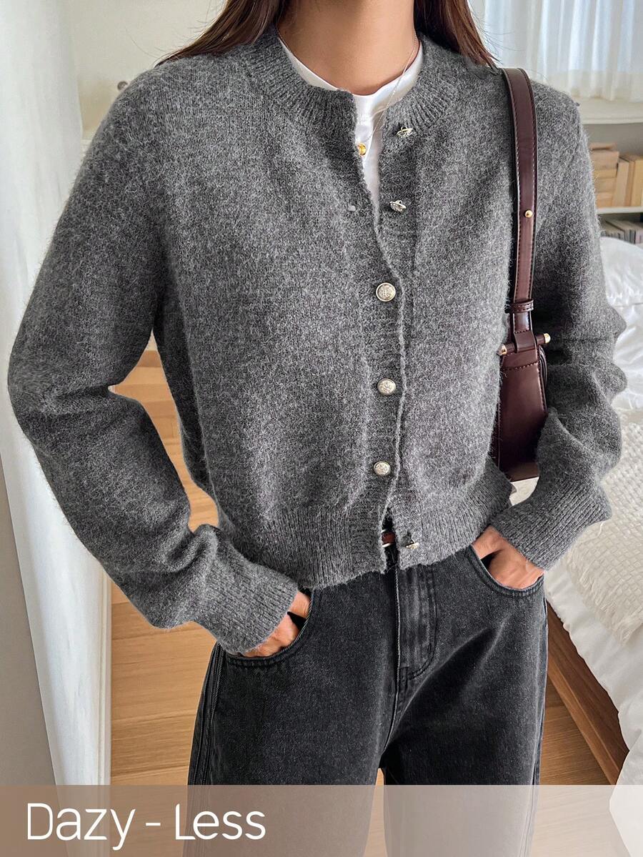 DAZY Women Solid Color Front Button Long Sleeve Casual Knit Cardigan,Long Sleeve Tops,Fall Clothes - Grey - View 1