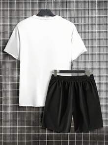 Manfinity Homme 男士火焰與B字母印花套裝T恤短褲套組，男士休閒服飾，度假風 - 彩色 - 查看 2