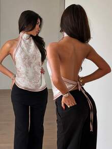 Siren Gaze Top de tirantes con cuello de lazo y estampado floral sin espalda para vacaciones - Multicolor - Ver 2